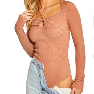 Love Tree Women’s Peach Long Sleeve Ribbed Halter Neck Spandex Sweater Bodysuit